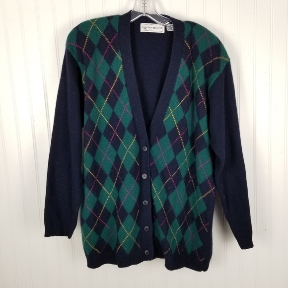 Evan Picone Womens Argyle Lambs Wool Angora Cardigan Sweater Medium Blue Green - Picture 8 of 8